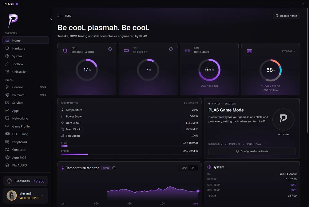 PLAS Util home dashboard with live CPU, GPU, RAM and storage readings and PLAS Game Mode