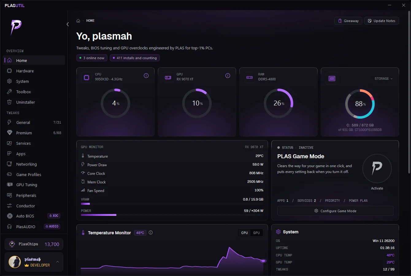 The PLAS Util home dashboard, showing live CPU, GPU, RAM and temperature readings